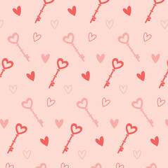 Seamless pattern keys and hearts. Texture for Valentine Day packaging. Delicate pink pattern. Vector illustration