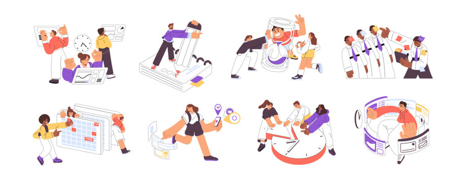 People planning set. Employees use schedule, office timetable. Arranging business task in calendar, work with deadline. Time management concept. Flat isolated vector illustrations on white background