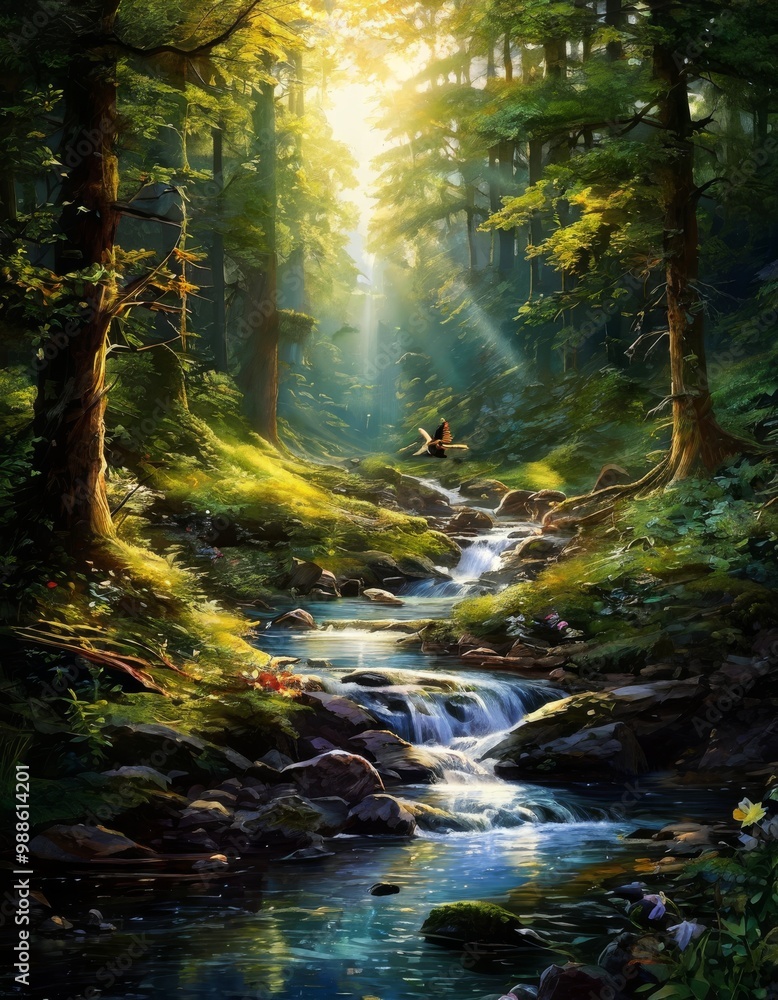 Poster a peaceful forest scene featuring a small cascading waterfall with clear water flowing through rocks