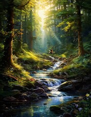 A peaceful forest scene featuring a small cascading waterfall with clear water flowing through rocks. Sunlight filters through the dense canopy, casting warm rays, while a bird flies gracefully in the