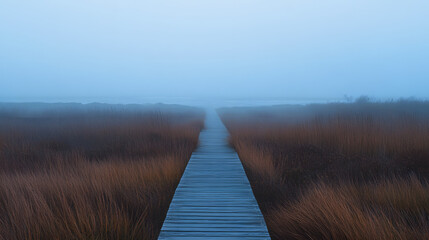 Fototapeta premium A peaceful boardwalk over a salt marsh leading to a distant fog-shrouded beach.
