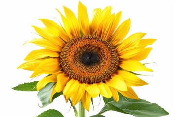 Obraz premium Bright sunflower with vibrant yellow petals and a dark center on a white isolated background.