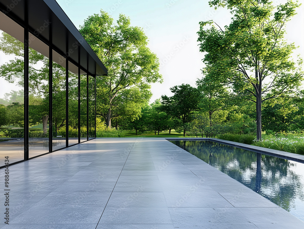 Poster minimalist interior. contemporary architecture constructed from black cladding and tiled concrete ma