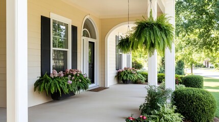 Fototapeta premium Elegant suburban house with a curved archway, a large porch, and hanging plants