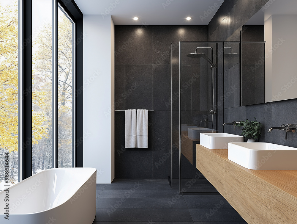 Poster minimalist interior. contemporary architecture constructed from black cladding and tiled concrete ma