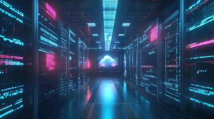 Futuristic Data Center with Glowing Servers and Cloud Technology