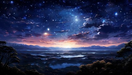 Naklejka premium A serene night sky filled with stars above a calm landscape at twilight. Distant mountains are visible on the horizon, with a soft blue and purple glow illuminating the scene, creating a peaceful and