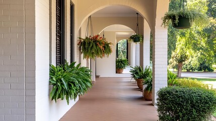 Fototapeta premium Elegant suburban house with a curved archway, a large porch, and hanging plants