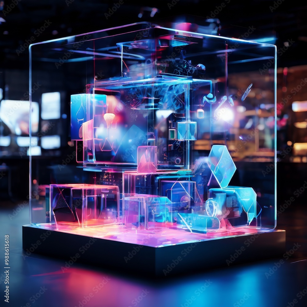Poster a transparent glass cube containing glowing digital holograms and abstract floating shapes in a futu