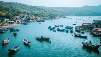 A quiet fishing village nestled along the coast with boats gently rocking in the harbor.