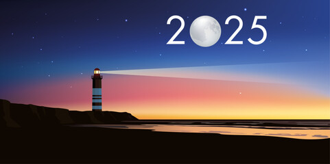 Carte de voeux 2025 avec le concept du phare symbolisant le point de repère permettant de suivre la bonne direction pour relever les défis et les couronner de succès.