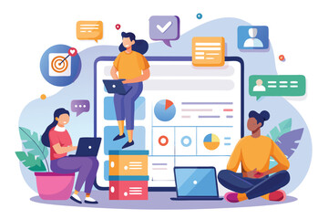 Fototapeta premium A group of people collaboratively using a task management app for project tracking and communication, Asana Task Tracker App Concept, Social Media