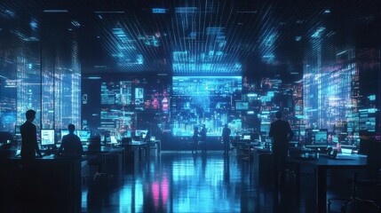 Futuristic Cyberpunk City Landscape with Holographic Displays and Silhouettes