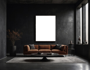 Mockup room for poster or painting in brutalist interior, Photo Frame Mockup, dark colors