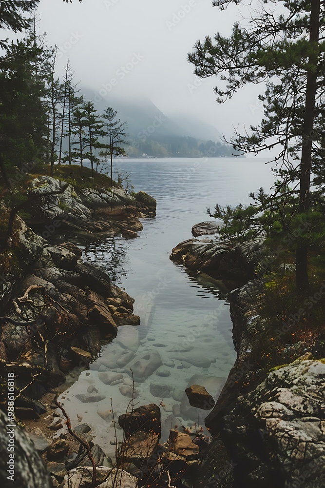 Poster clear water inlet between rocky shore and mountain