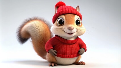 Fototapeta premium Crimson-clad squirrel poses with cartoonish flair, red cap tilted at rakish angle, rosy cheeks aglow with excitement.