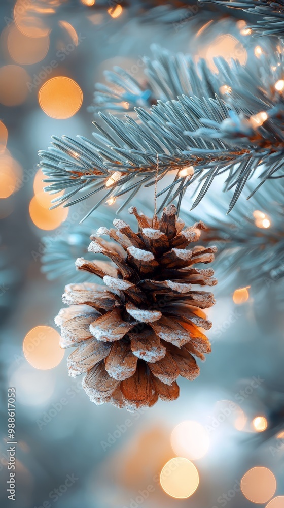 Aufkleber frosty pine cone close-up with soft blue lights in the background for a magical christmas atmosphere