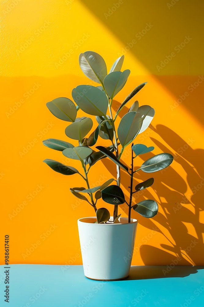 Poster Green Plant In White Pot On Yellow And Blue Background