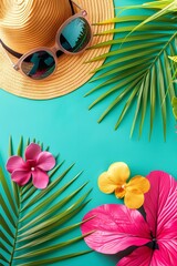 Tropical Summer Background with Palm Leaves, Flowers, Sunglasses, and Hat