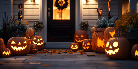 Obraz premium Lit Halloween pumpkins on front porch, exterior home decorations, seasonal decor