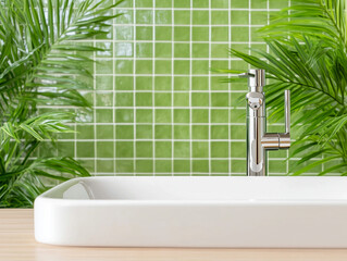 Modern bathroom tub with green palm leaves 