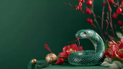 Fototapeta premium Happy Chinese New Year 2025 with Snake zodiac sign and flowers. Lunar new year