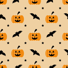 Vector seamless Halloween pattern with orange pumpkin and black bat