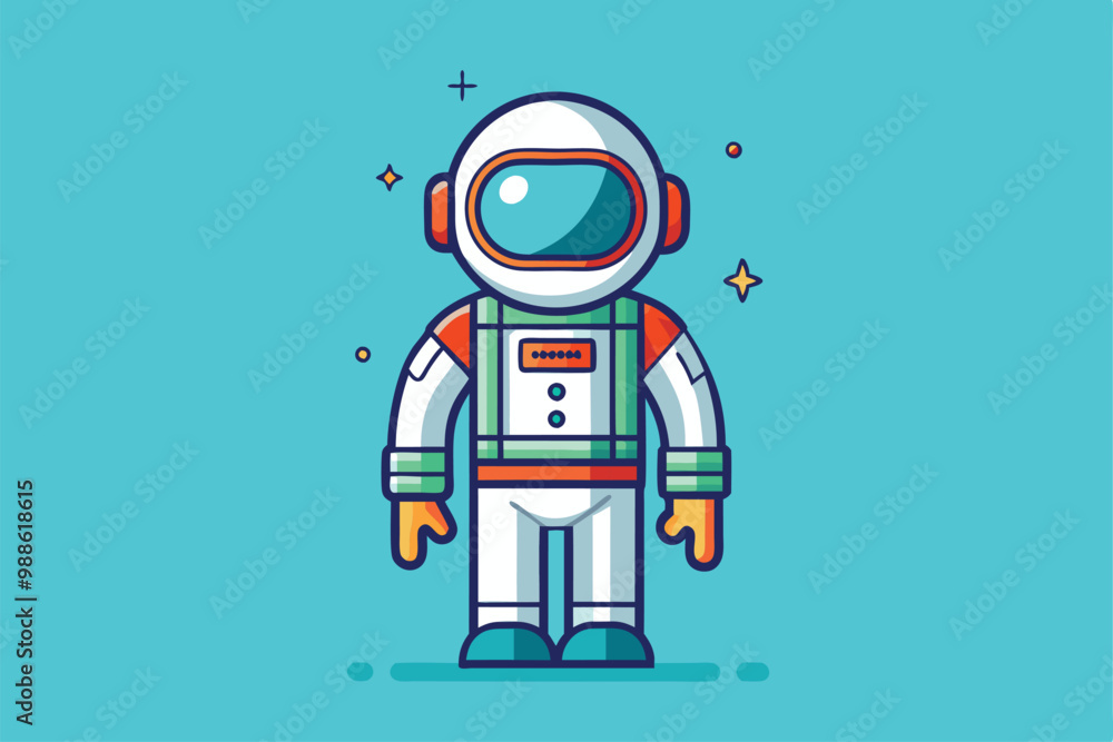 Poster an astronaut in a colorful spacesuit is poised for space exploration against a vivid blue backdrop, 