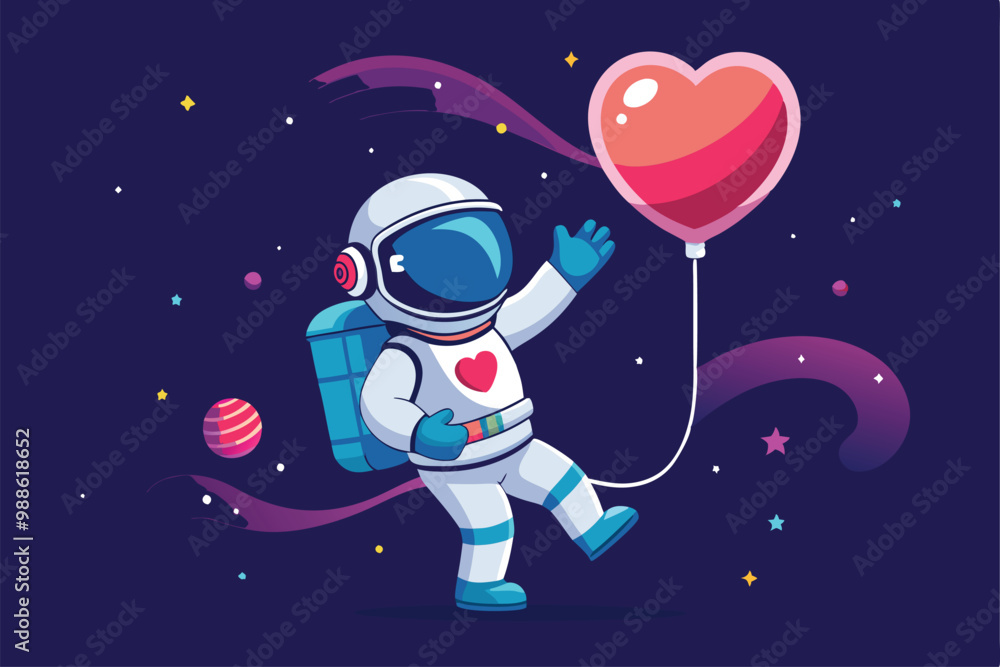 Poster an astronaut with a heart balloon enjoys the wonders of space, astronaut in spacesuit with heart sha