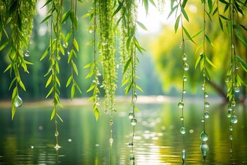 Delicate teardrop-shaped willow leaves flow down a branch in a gentle cascade, their soft curves and muted tones