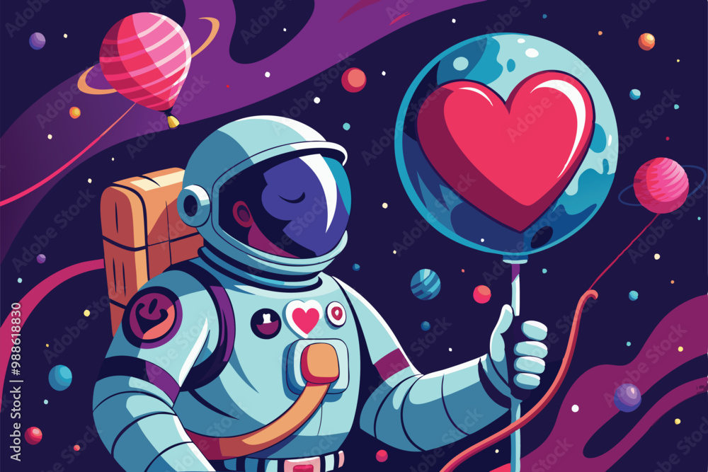 Poster an astronaut enjoys the weightlessness of space while holding a colorful heart-shaped balloon, astro