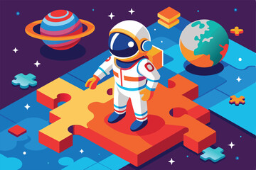 Naklejka premium An astronaut stands on a colorful puzzle piece among planets and stars in a cosmic setting, Astronaut on a puzzle