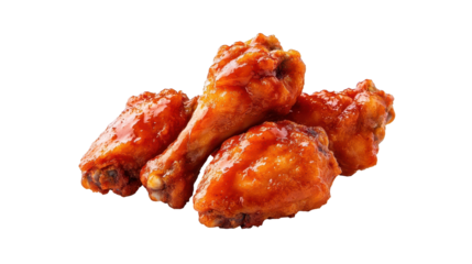 Four chicken wings with a sauce on them