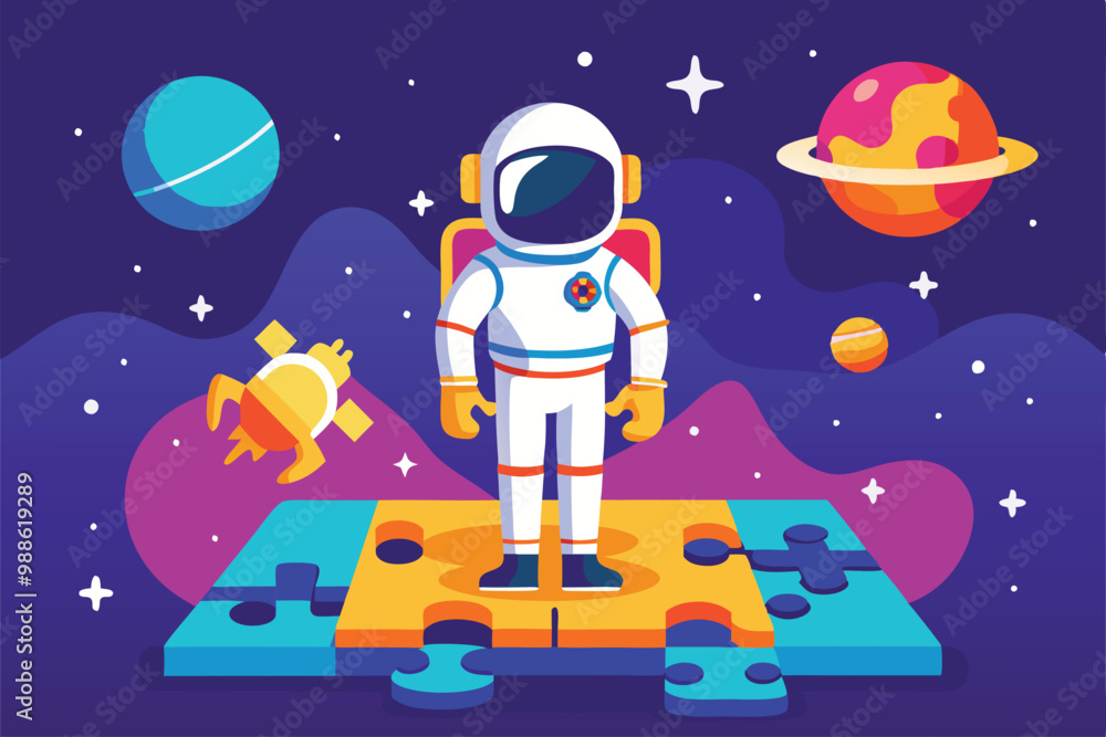 Poster an astronaut interacts with a vibrant puzzle in a colorful cosmic environment filled with planets, a