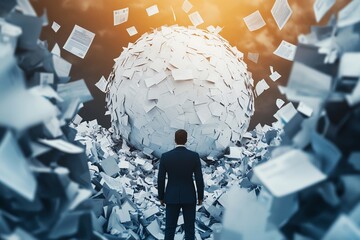 A businessman stands overwhelmed by a swirling mass of paperwork symbolizing chaos and challenge in the corporate world.