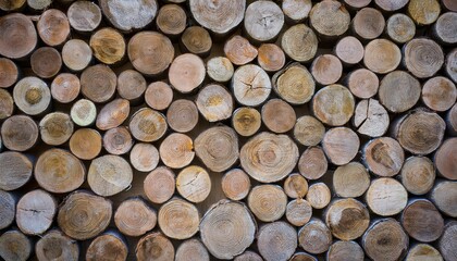 Neatly Stacked Cut Timber Logs with Visible Tree Rings and Textures, Showcasing Natural Wooden Cross Sections in a Variety of Sizes and Patterns in a Rustic, Earthy Toned Arrangement