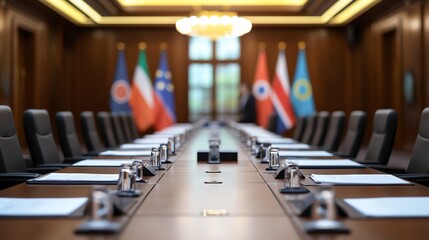 Formal conference room with a long table, chairs, and flags in a government building.