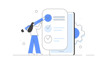 Business abstract concept vector illustration. Business strategy.  Character planning work tasks, filling check list. Strategy, Schedule planning and success. 