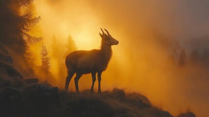 Majestic Goat Silhouetted Against Misty Sunrise