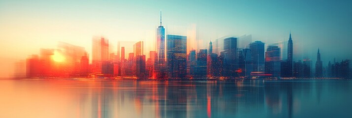 Fototapeta premium Vibrant city skyline featuring famous landmarks, soft background blur, clear blue sky, energetic urban atmosphere