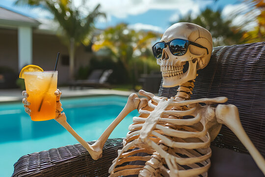 Halloween skeleton with a drink and sunglasses lounging by pool, tropical, exterior home decor, copyspace