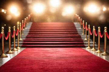 Red carpet stairs at exclusive gala entrance: a symbol of success and celebrity prestige, blurred light background