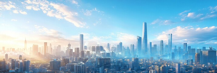 Naklejka premium Vibrant city skyline featuring famous landmarks, serene blue sky, softly blurred background, energetic urban atmosphere