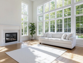 Fototapeta premium Modern design interior farmhouse living room with sofa and fireplace