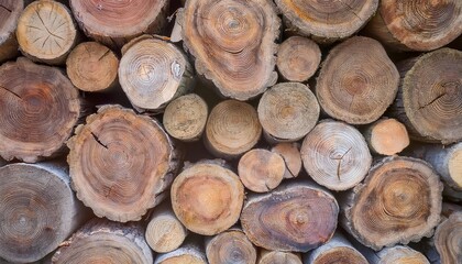 Neatly Stacked Cut Timber Logs with Visible Tree Rings and Textures, Showcasing Natural Wooden Cross Sections in a Variety of Sizes and Patterns in a Rustic, Earthy Toned Arrangement