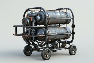 Old industrial machine with metal tanks and rusty wheels is standing in the garage