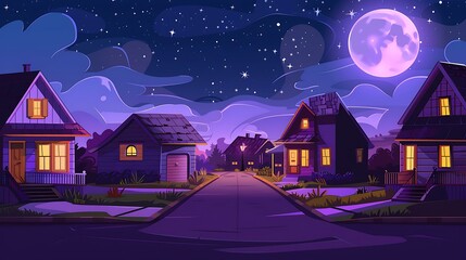 Naklejka premium Nighttime Suburban Street with Houses and Full Moon