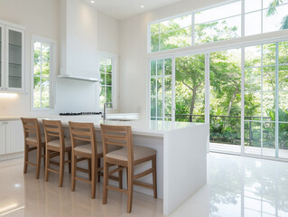 Fototapeta premium Modern design open kitchen island and dining room in home