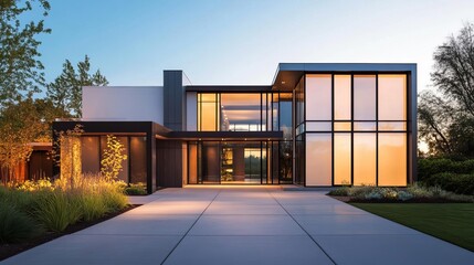 Fototapeta premium Modern suburban house with steel accents, large glass panels, and a sleek driveway