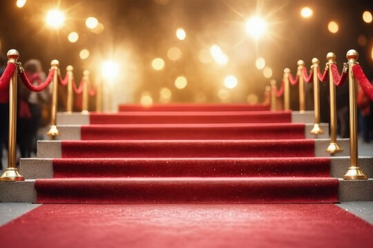 Red carpet on the stage with colorful fireworks lighting up the night sky during a vibrant celebration for New Year's Eve party